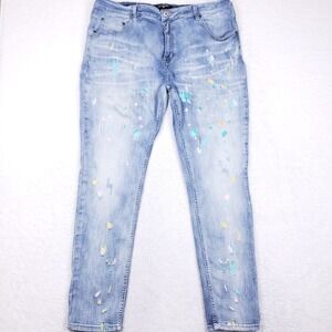 Serenade Mens Light Wash Paint Splatter Embroidered Slim Fit Jeans Blue 42